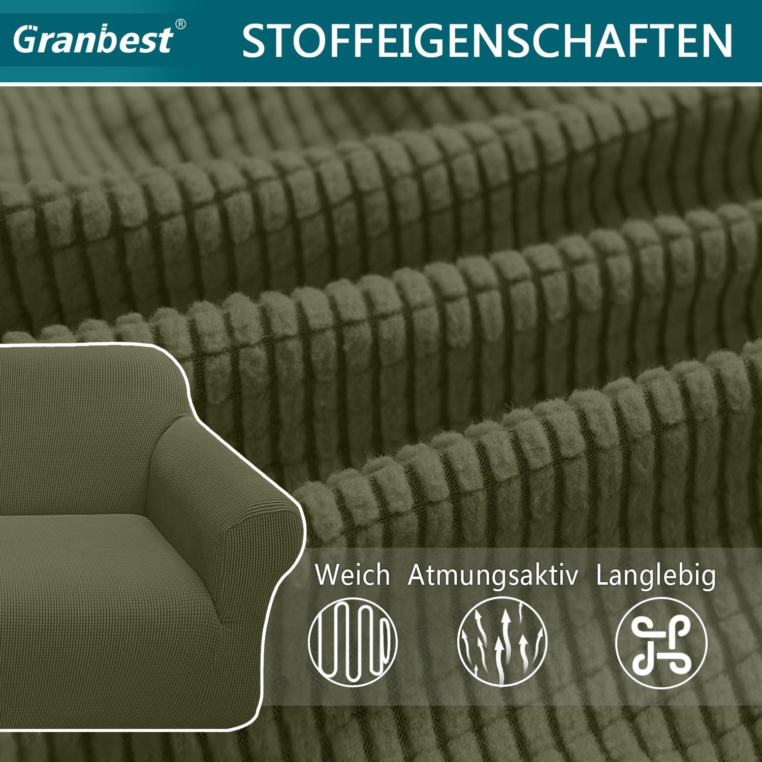 Granbest - housse de canapé jacquard extensible - 2 places - protection animaux, vert militaire