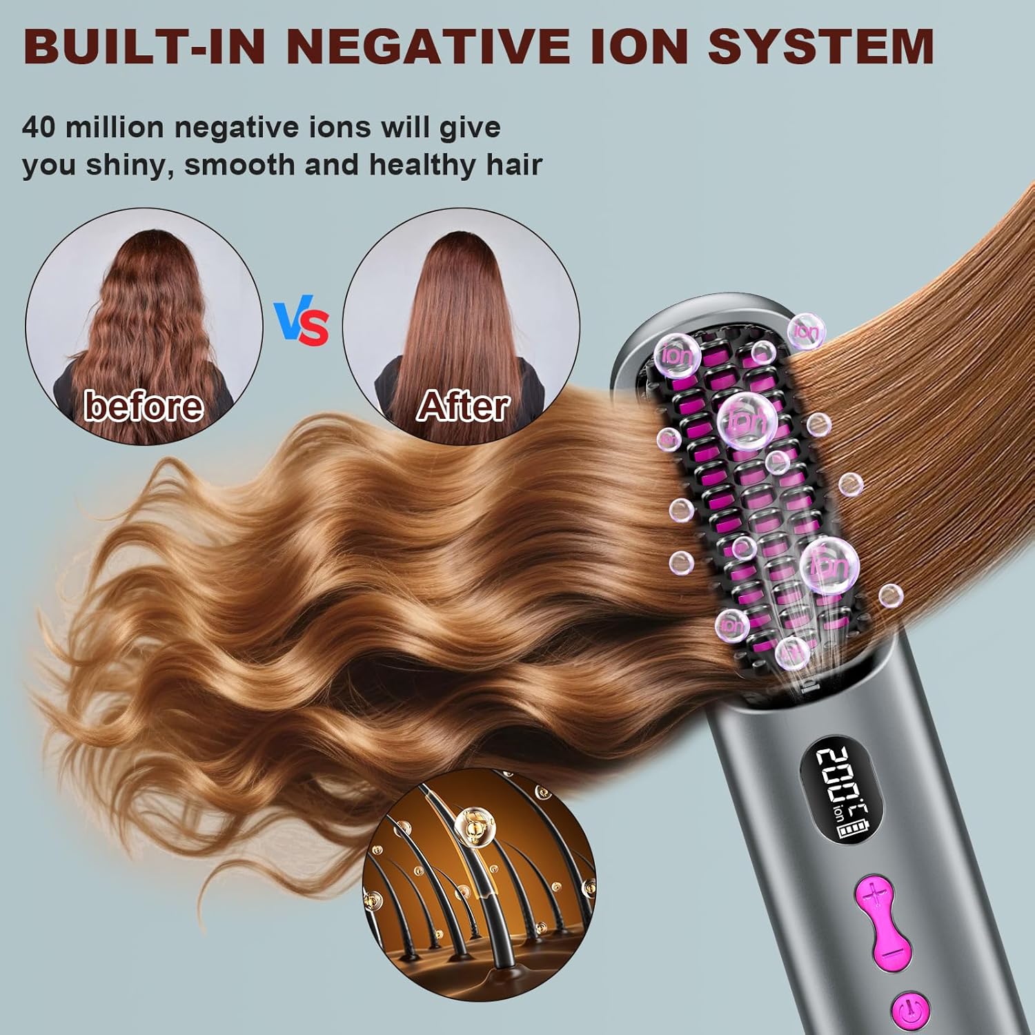 Brosse lissante portable USB, 9600mAh, ion négatif, chauffante, gris