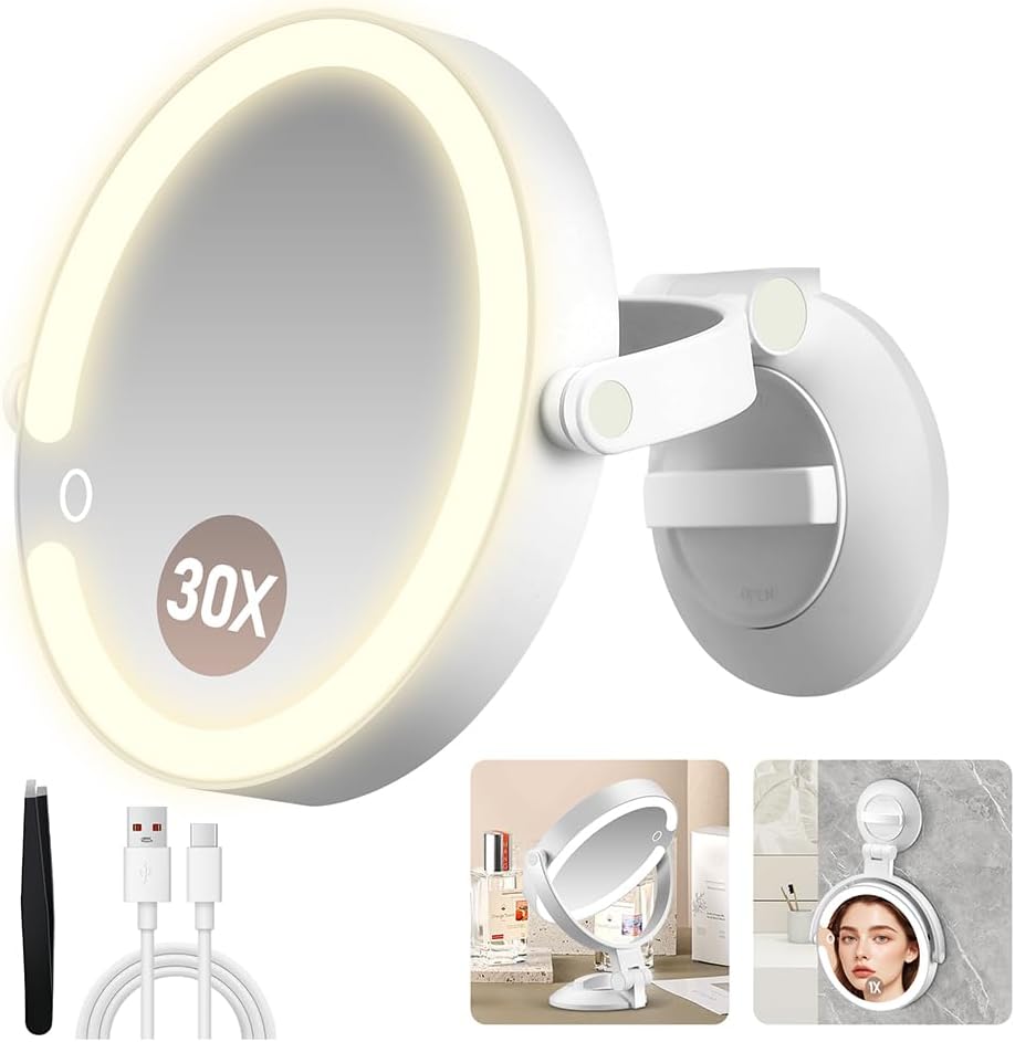 Miroir grossissant double face, ventouse, éclairage 3 modes, 30 compartiments
