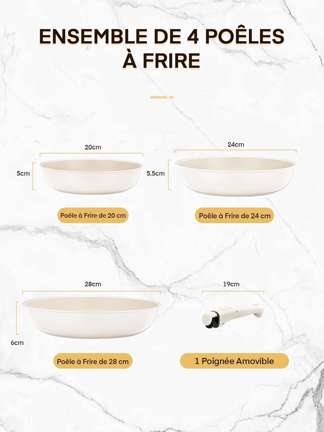 FOHERE - Lot de 3 poêles amovibles - 20/24/28cm - tous feux, four, lave-vaisselle