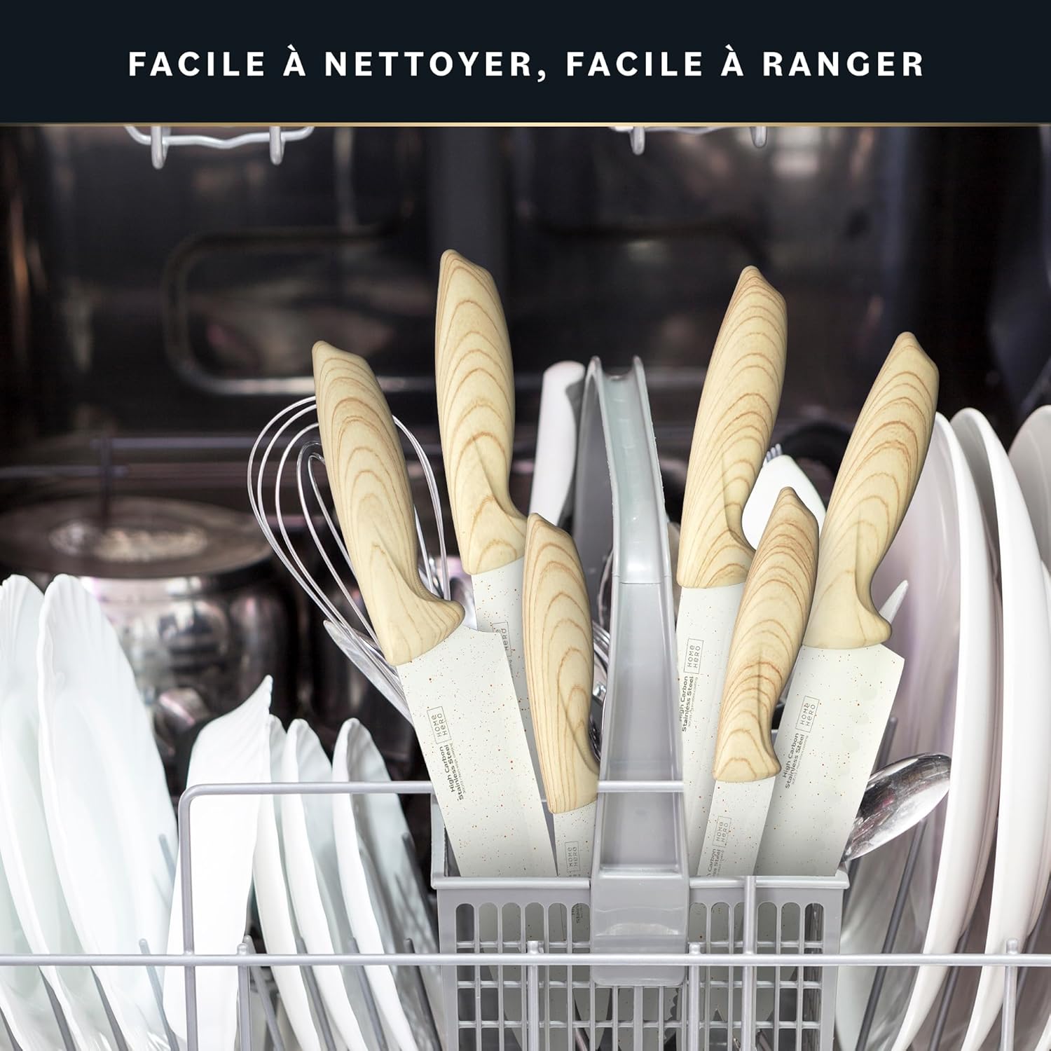 Home Hero - Bloc de couteaux 12 pièces crème - inox carbone, poignées ergonomiques