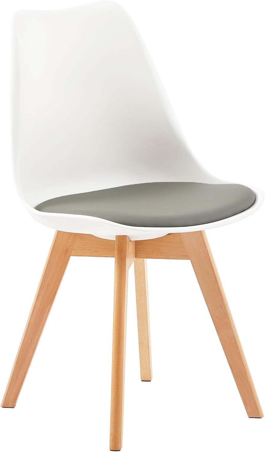 EGGREE - Lot de 4 chaises - bois hêtre, coussin PU, blanc/gris, design scandinave