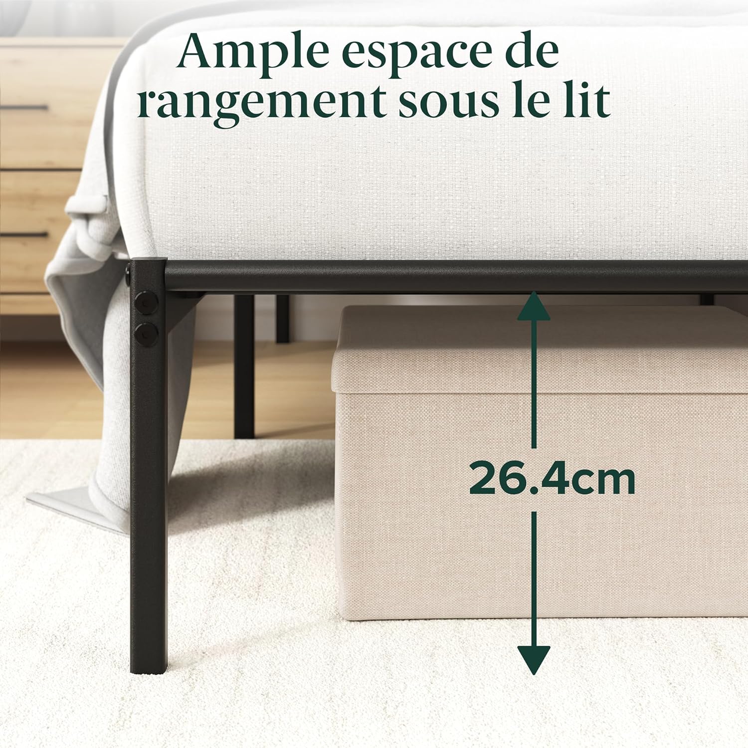 Zinus - Elias - 140x190 cm - lit double métal, lattes robustes, rangement 30 cm