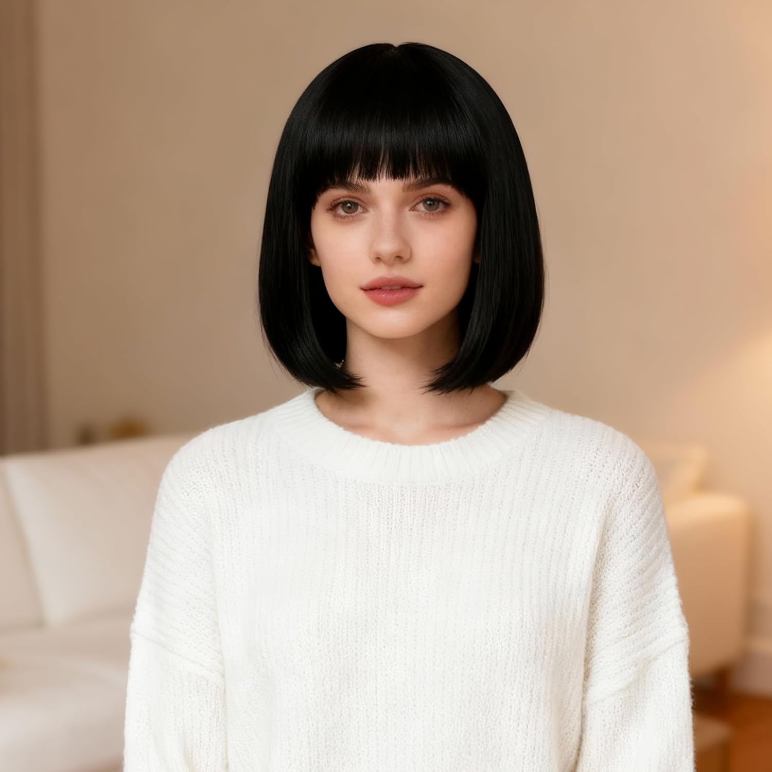 Perruque femme noire - carré court 35 cm - synthétique, bonnet ajustable