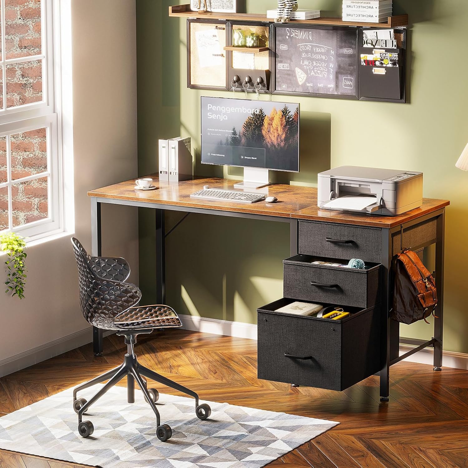 Coleshome - Bureau 3 tiroirs tissu - 120x48cm - réversible, porte-casque