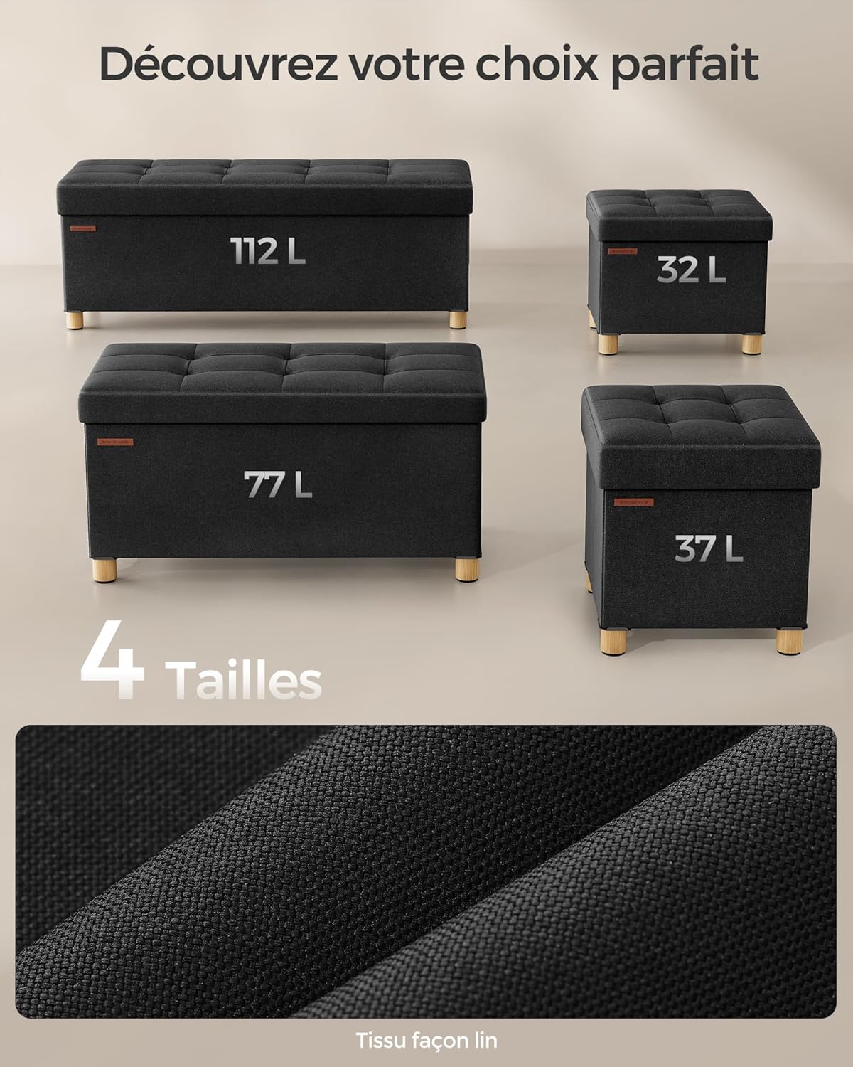 SONGMICS - Tabouret de rangement pliable 38x38x40cm, 300kg, noir, LSF014B11