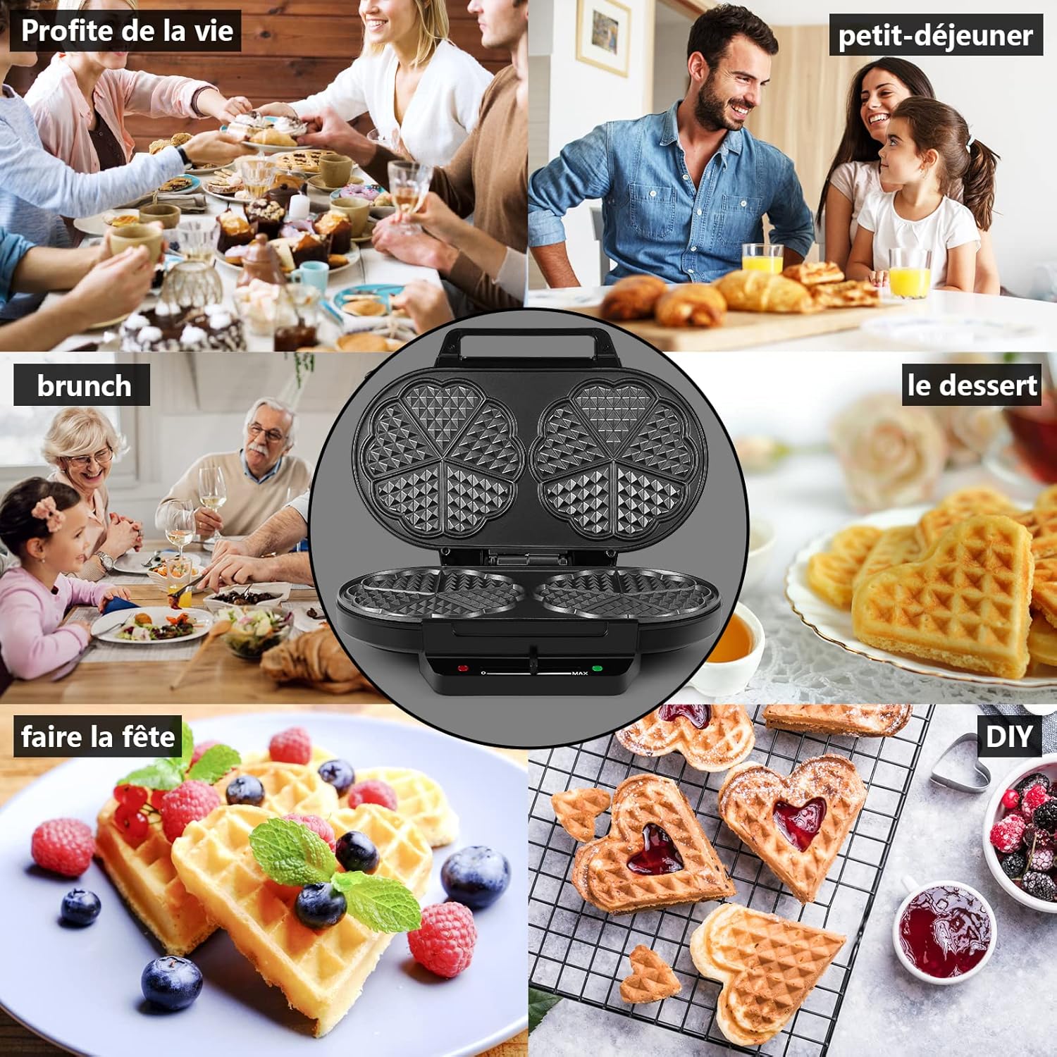 YASHE - Machine à gaufres cœur - 1200W, 5 températures, antiadhésif, argent/noir