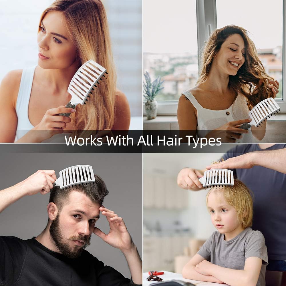 URAQT - Brosse à cheveux incurvée - démêlante, poils sanglier, blanche