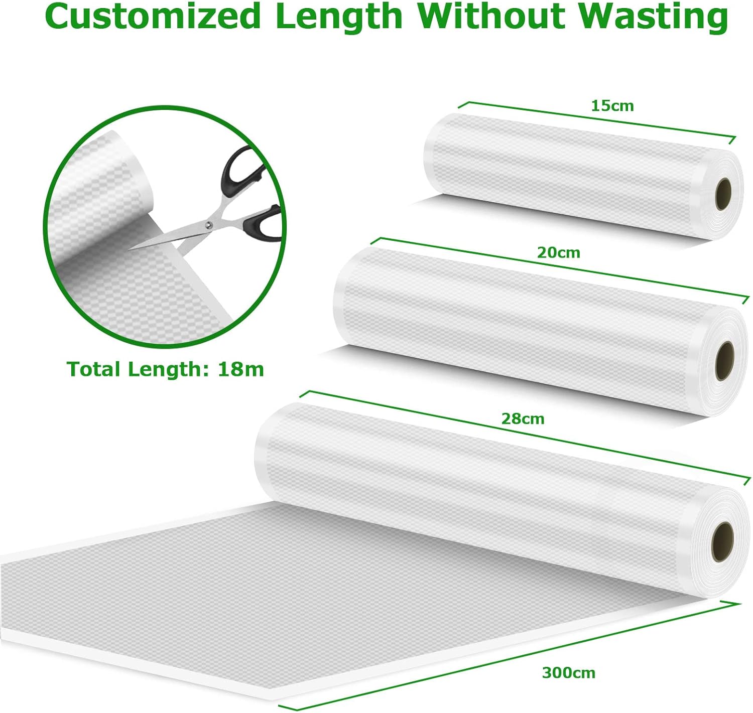 Rouleau sous vide alimentaire - 6 packs, 3 tailles, compatible machines, 28x300cm, 20x300cm, 15x300cm