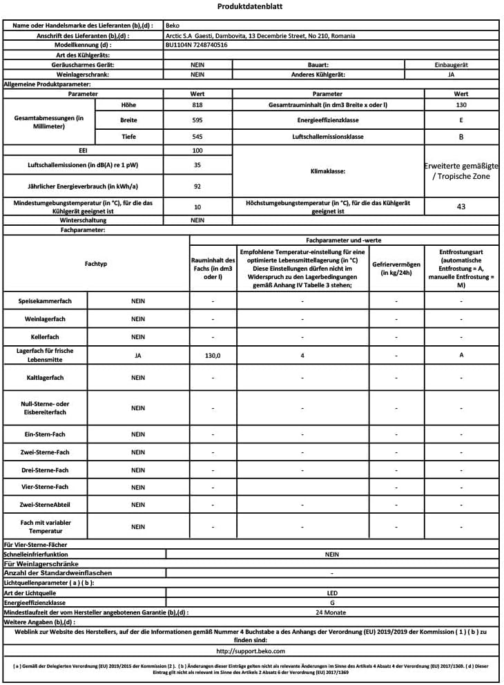 Beko - réfrigérateur encastrable (série BU) - dimensions compactes - froid statique BU1104N