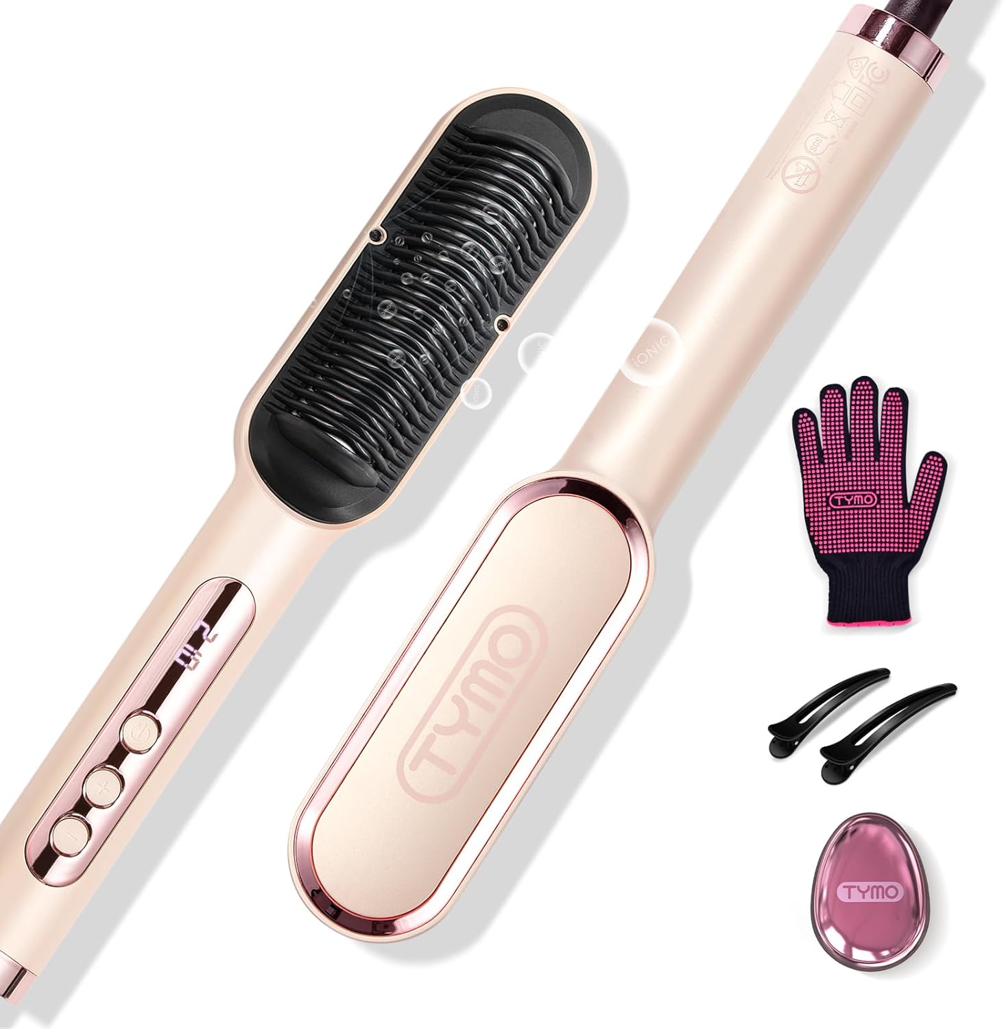 TYMO - Ring Plus - Brosse lissante, 9 températures, 120-210°C, ions négatifs, LCD, chauffe rapide, doré