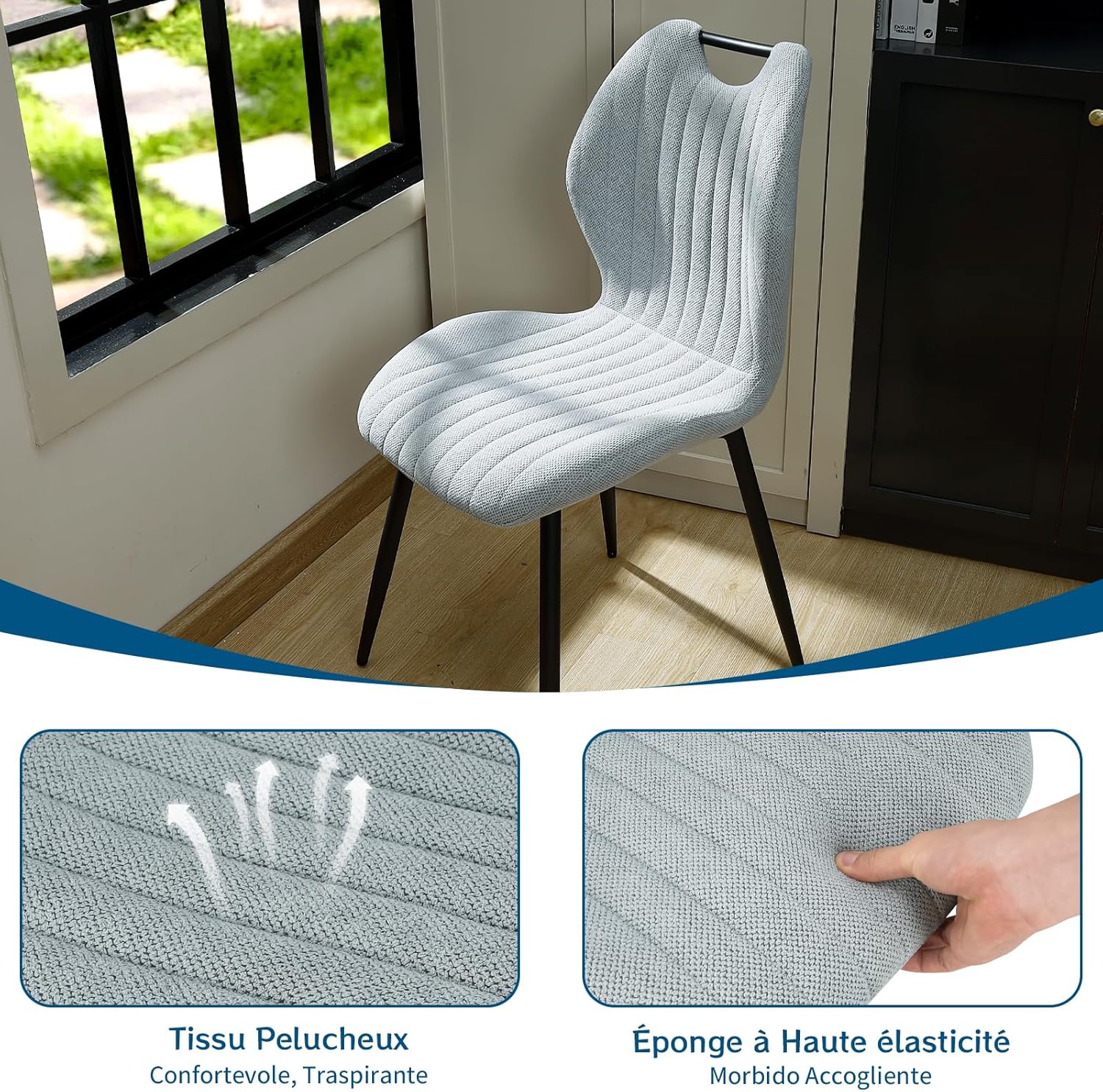 Chaises salle à manger - tissu gris clair, pieds métal, lot de 4