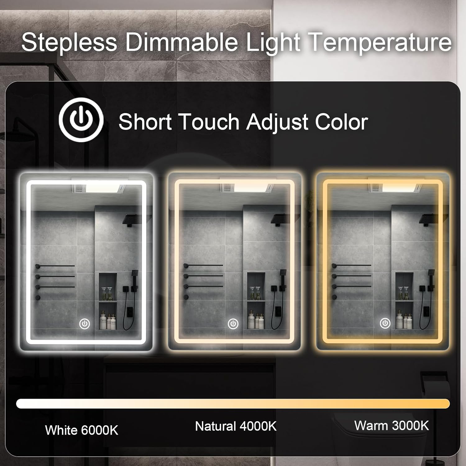 Miroir mural LED salle de bain, 60x45 cm, éclairage tactile, 3 couleurs