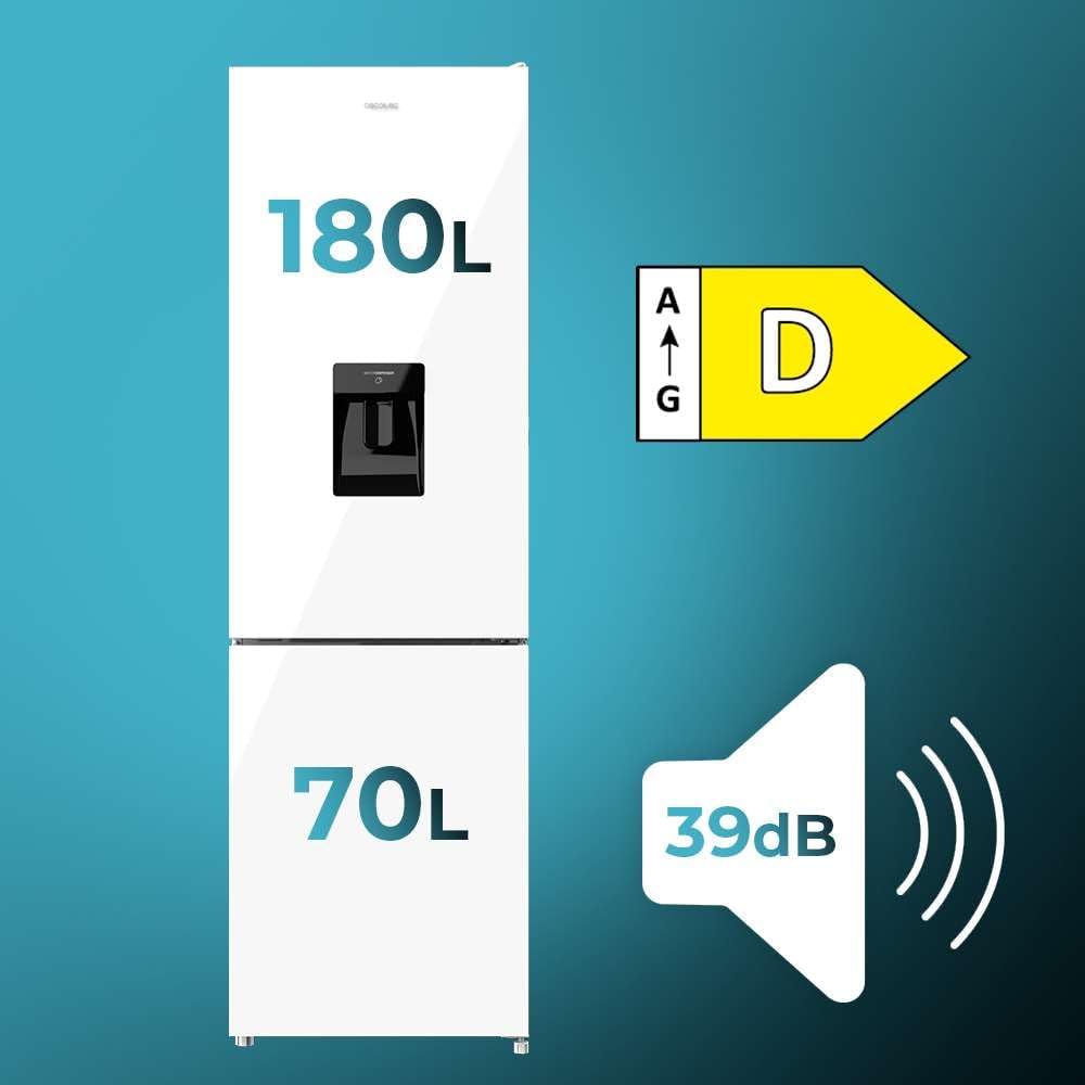 Cecotec - Bolero CoolMarket Combi 250 - Combiné 250L, No Frost, distributeur d'eau, LED, porte réversible, D. Inverter P
