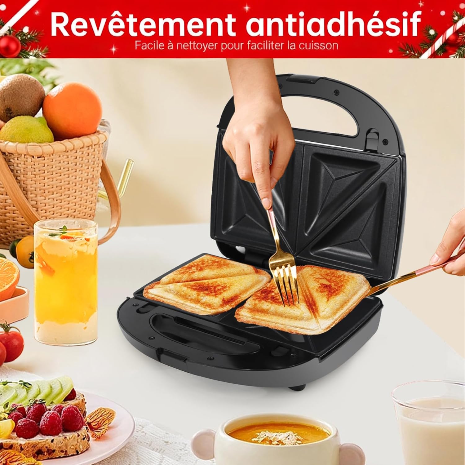 Appareil à Croque Monsieur 3 en 1 - 750W - plaques interchangeables antiadhésives - compact