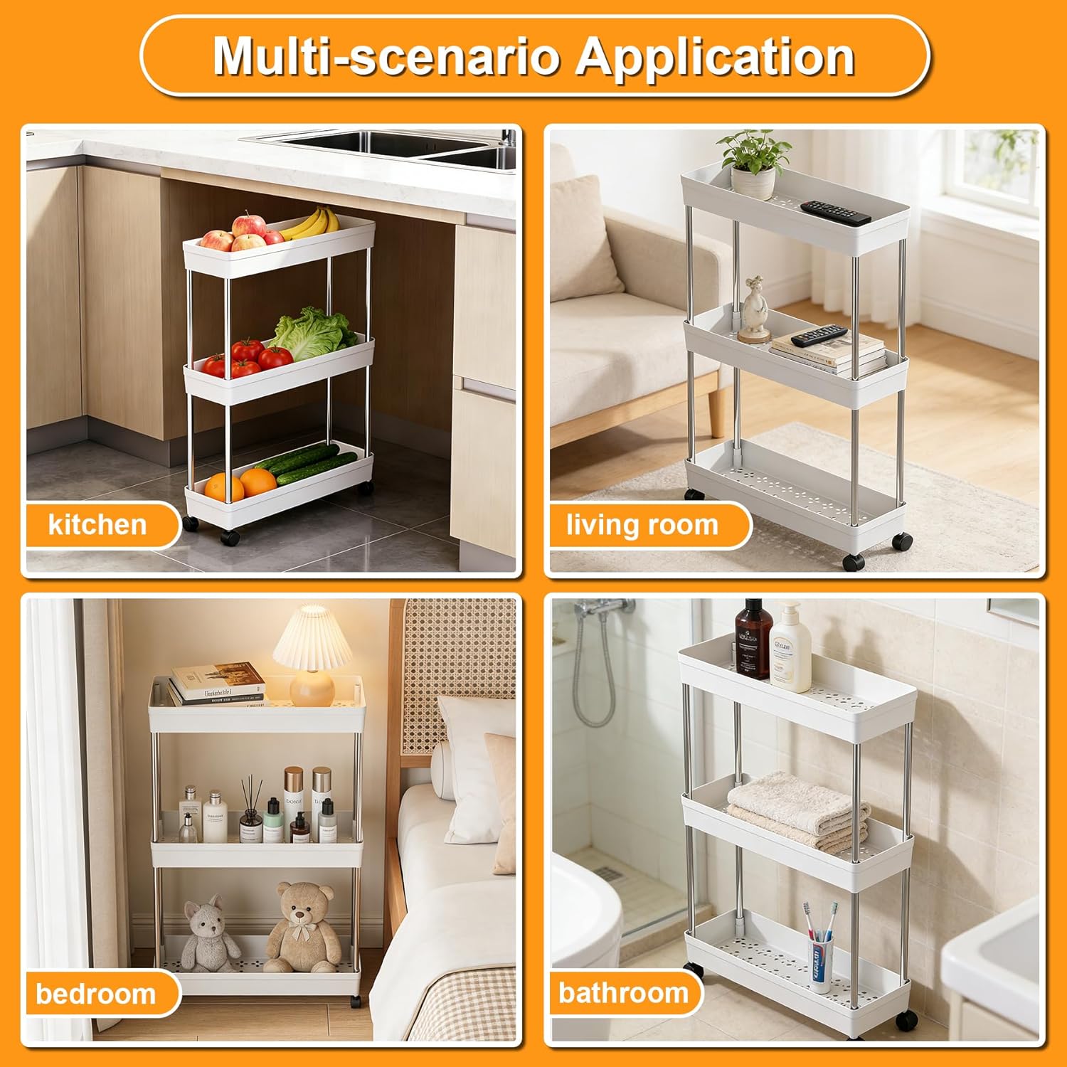 Chariot de rangement 3 niveaux, étagère mobile, blanc, compact, cuisine/salle de bain