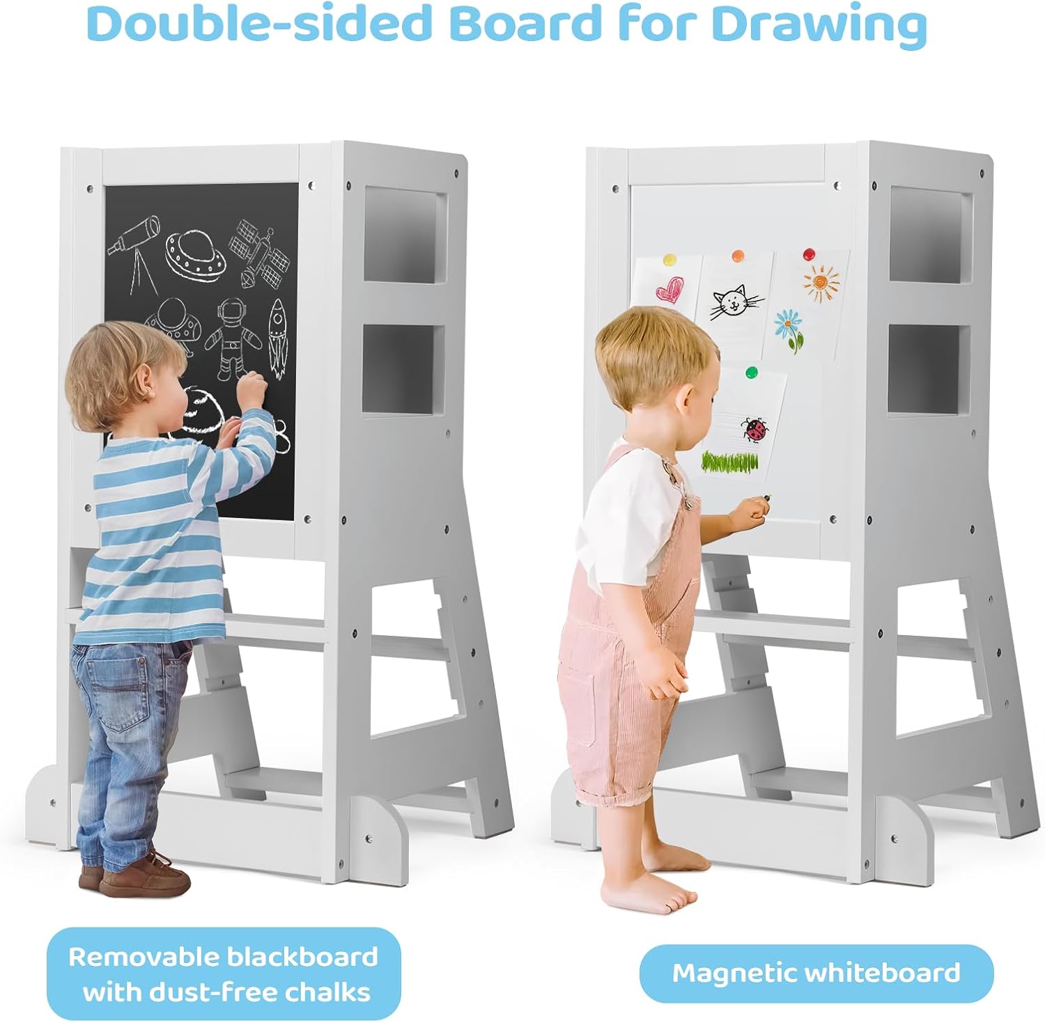 KIDINIX - tour Montessori 3 hauteurs - blanc - tableau magnétique et craies - KIDINIX