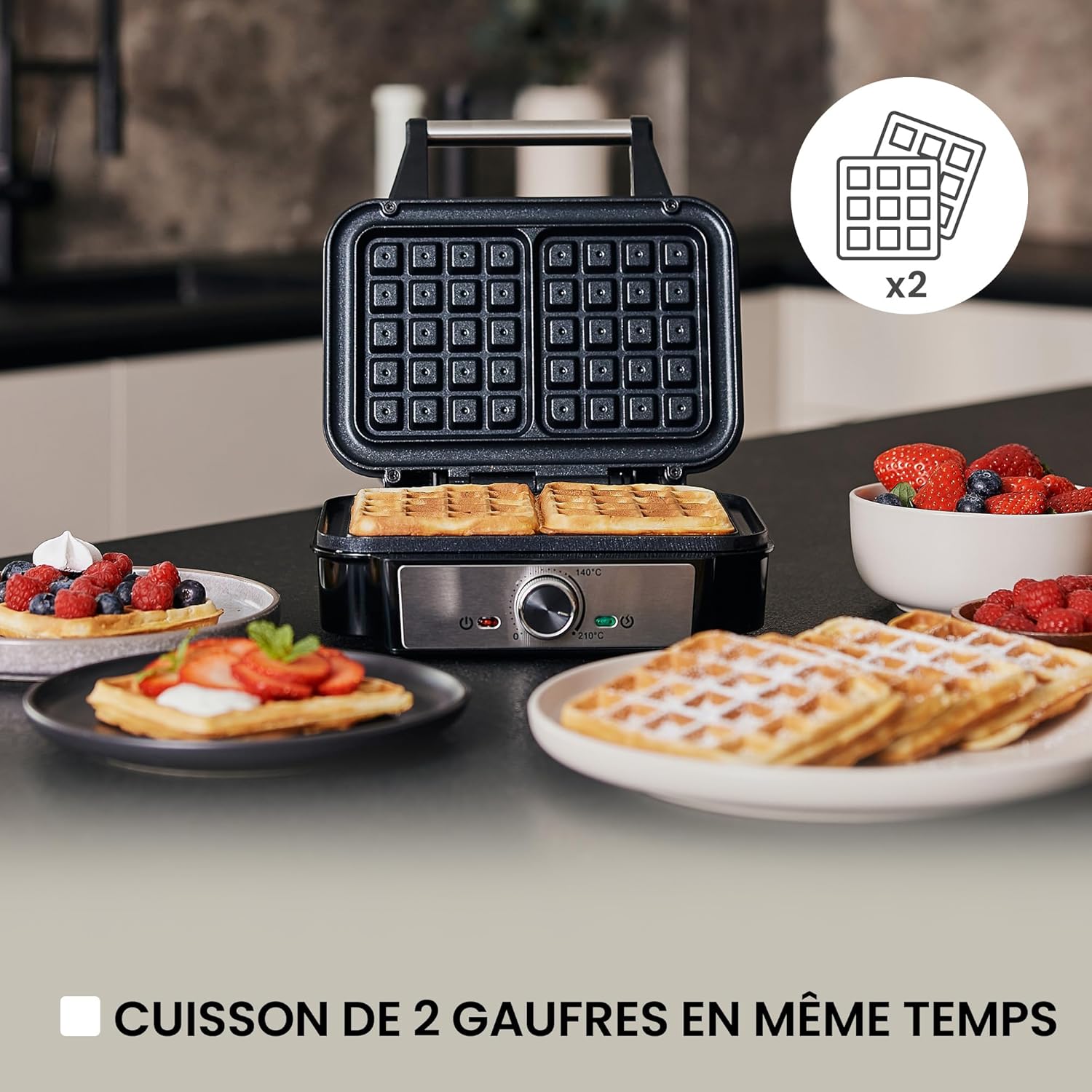 ZEEGMA - Gofree Chef - gaufrier 1200W, plaques antiadhésives, température réglable, indicateur cuisson, gaufres épaisses