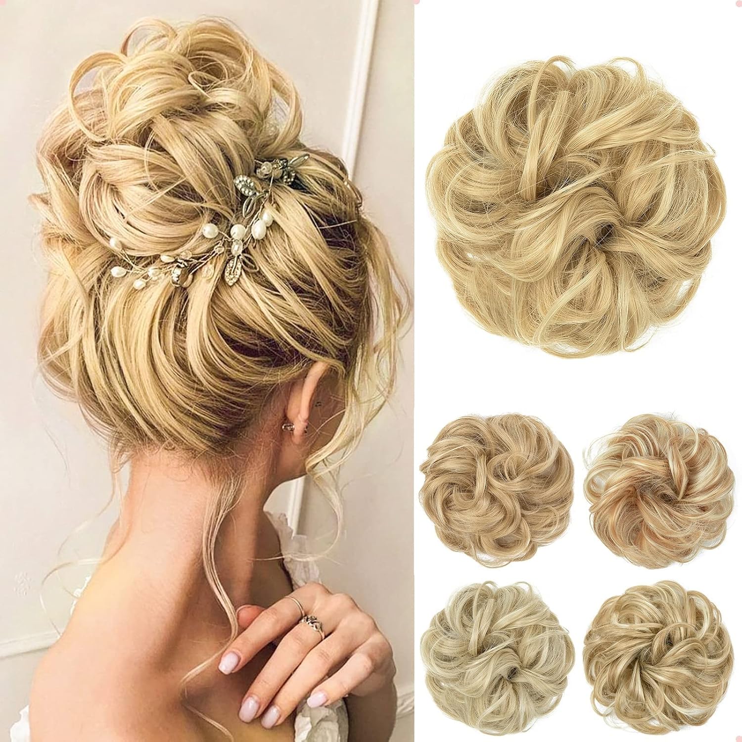 JJstar - chignon postiche bouclé, élastique, cheveux naturels, blond