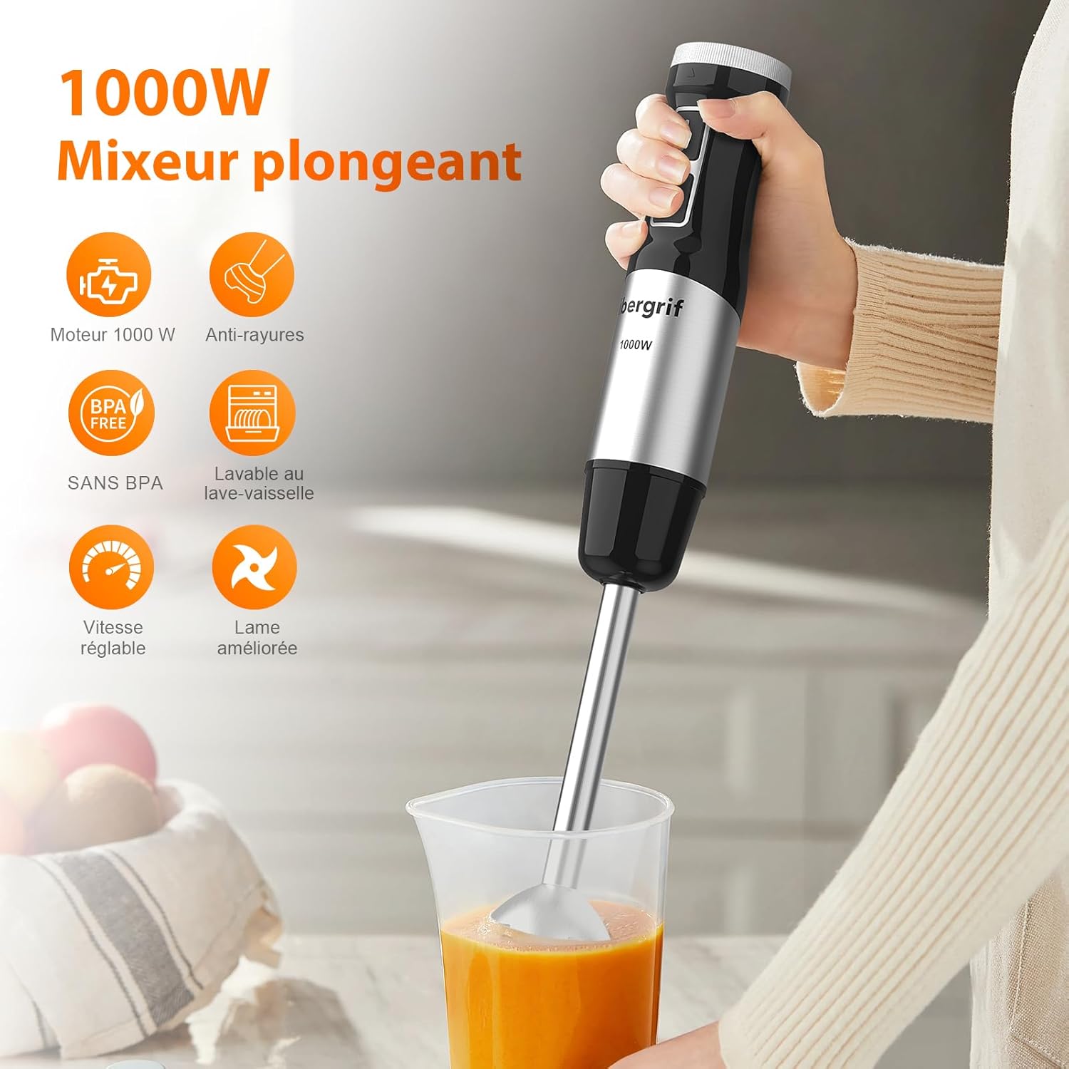 Ibergrif - Mixeur Plongeant 1000W - inox - vitesse réglable, turbo