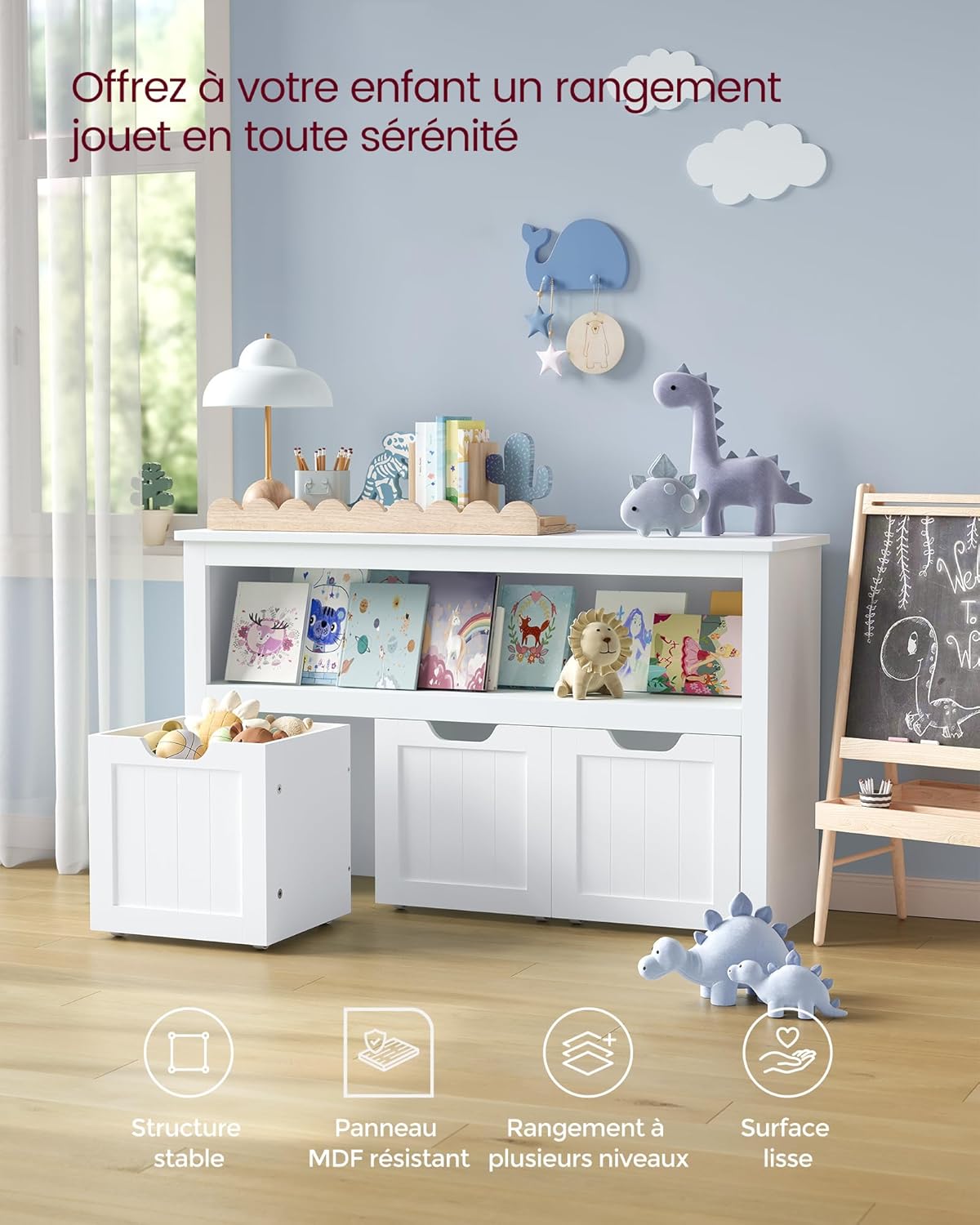 VASAGLE - meuble de rangement enfant - 30x102x60 cm - 3 bacs à roulettes, armoire blanche LHS380W01