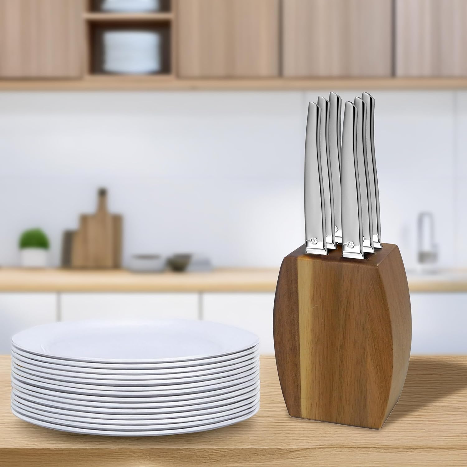 Lou Laguiole - Jet - 9x5x12 cm - Bloc acacia, 6 couteaux steak inox 13 C