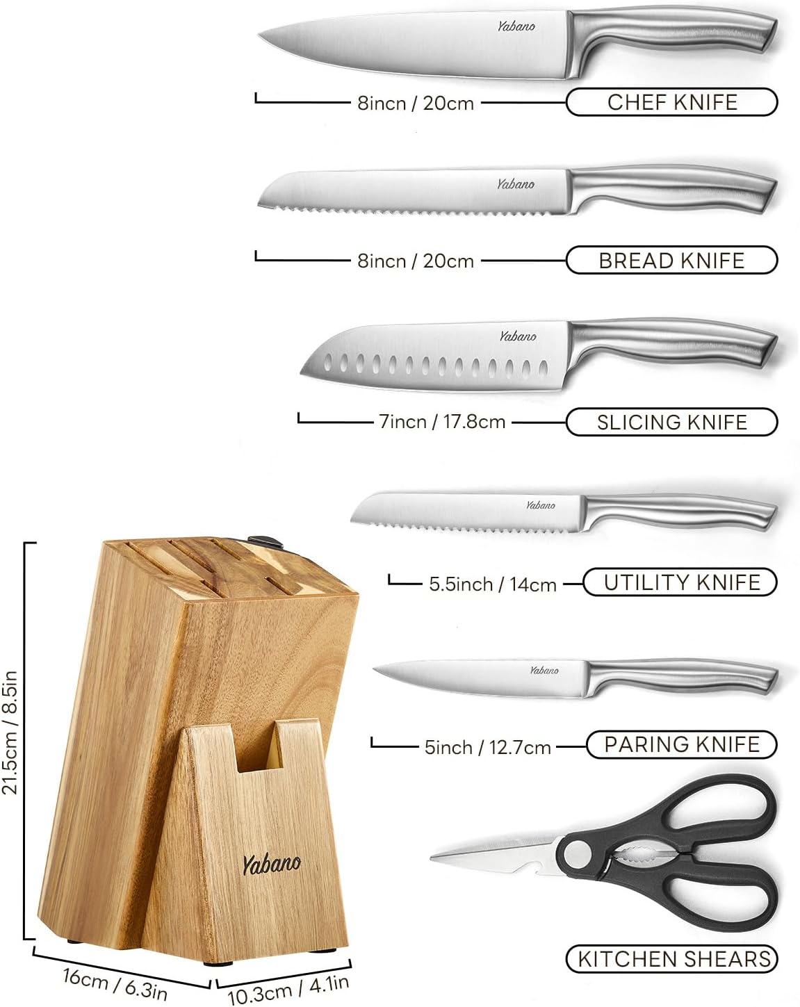 Yabano - Bloc couteaux 7 pièces inox allemand, aiguiseur, ciseaux inclus