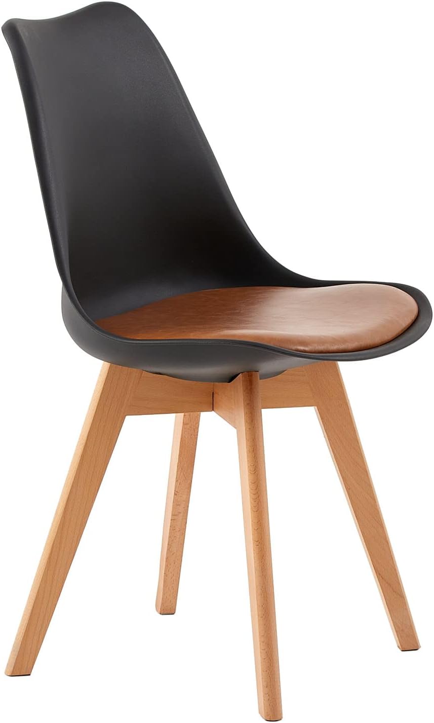 EGGREE - chaises scandinaves lot de 8 - bois hêtre - cuir PU rembourré noir/marron