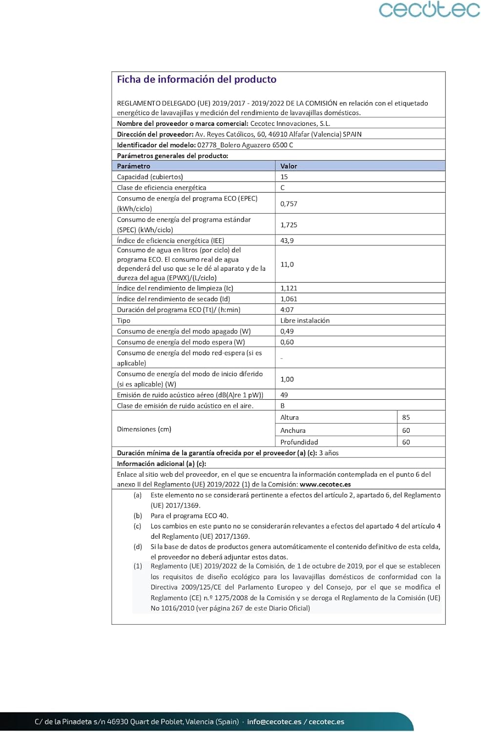 Cecotec - Bolero Aguazero 6500 C - 60cm - 15 couverts, 6 programmes, Inverter