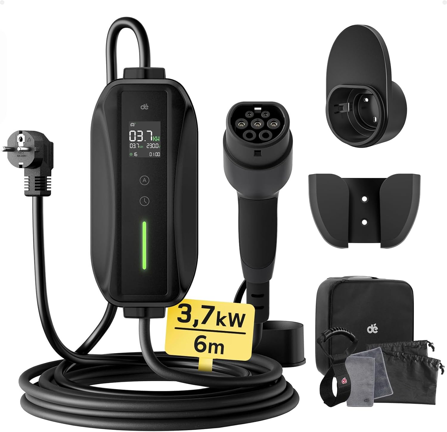 Chargeur voiture électrique - 3,68kW, 6m - Type 2, 16A, écran numérique