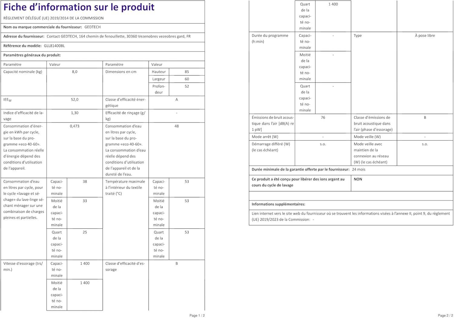 Gedtech - Lave-linge frontal 8kg, 1400tr/min, 16 programmes, classe A-10%, GLL81400BL