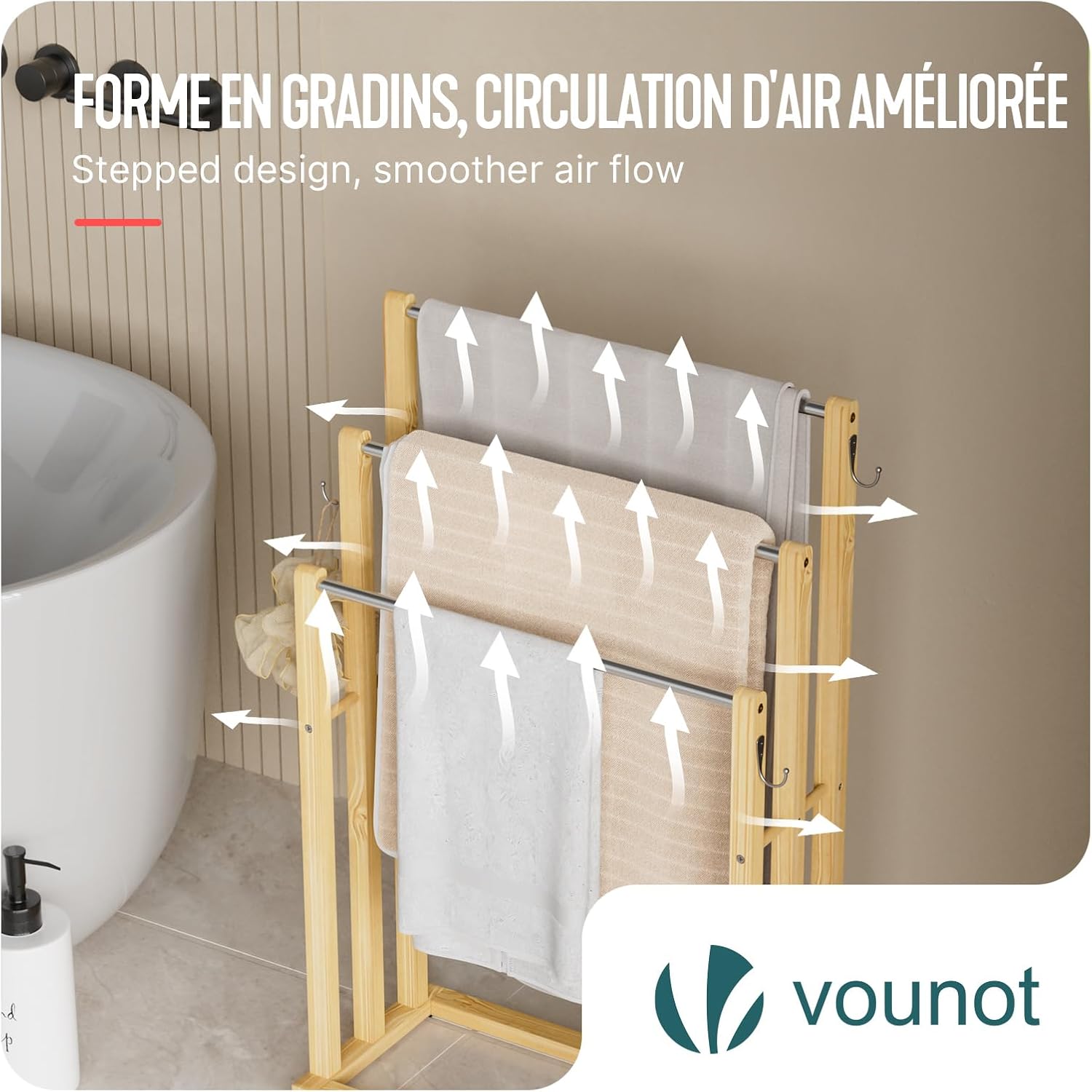 VOUNOT - porte-serviettes autoportant bambou 3 niveaux, crochets, stable