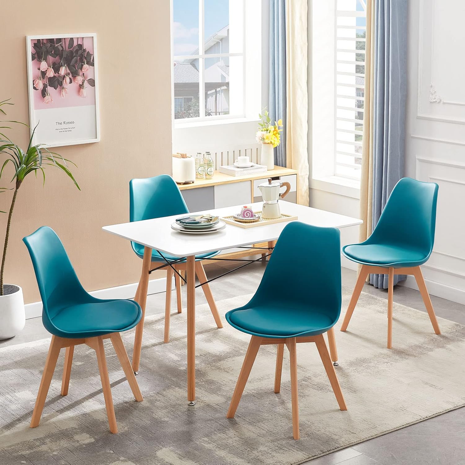 EGGREE - chaises scandinaves lot de 4 - bois hêtre - rembourrées, turquoise