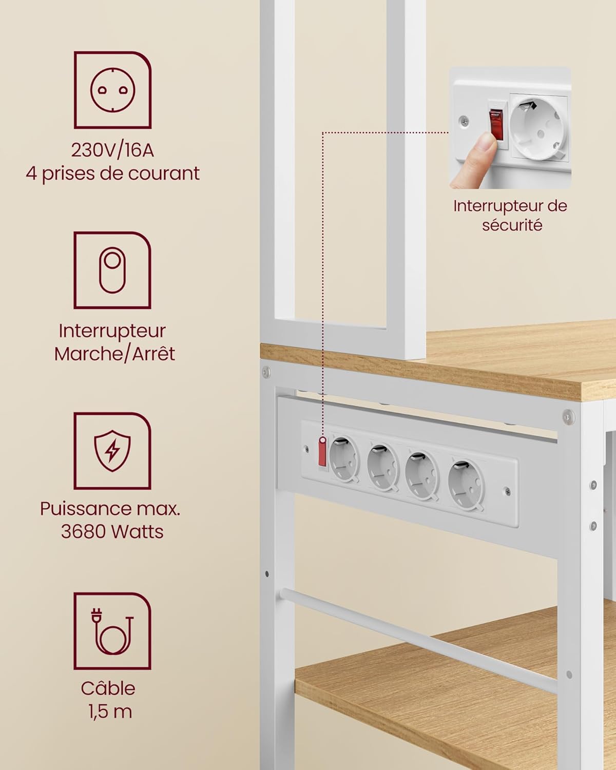 VASAGLE - étagère cuisine/bar café - 40x80x180 cm - multiprise, tiroir tissu, 12 crochets, étagères réglables KKS015Y02