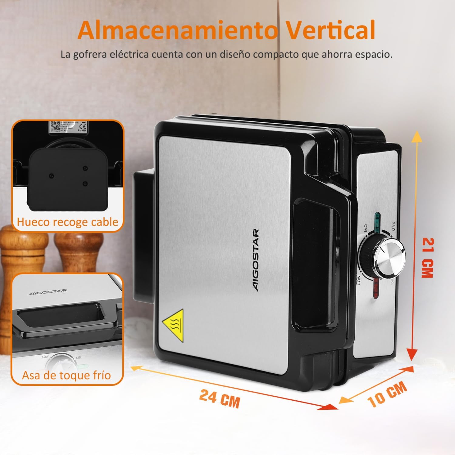 Aigostar - Gaufrier inox 1600W, 20,2x17,2x2 cm, plaques antiadhésives, température réglable