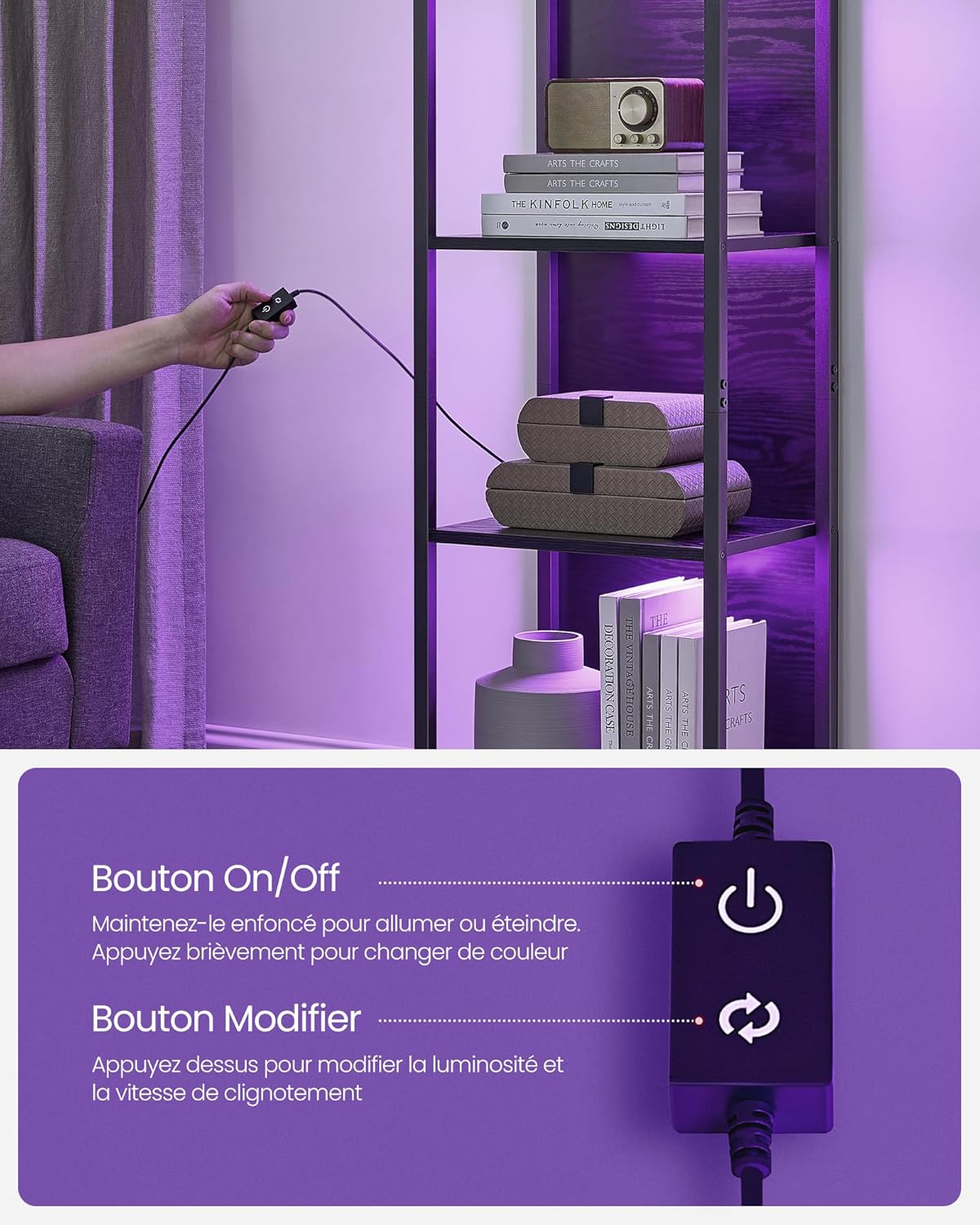 VASAGLE - bibliothèque 6 niveaux, LED réglable, acier, 30,3x40x178,6 cm, LLS121B57