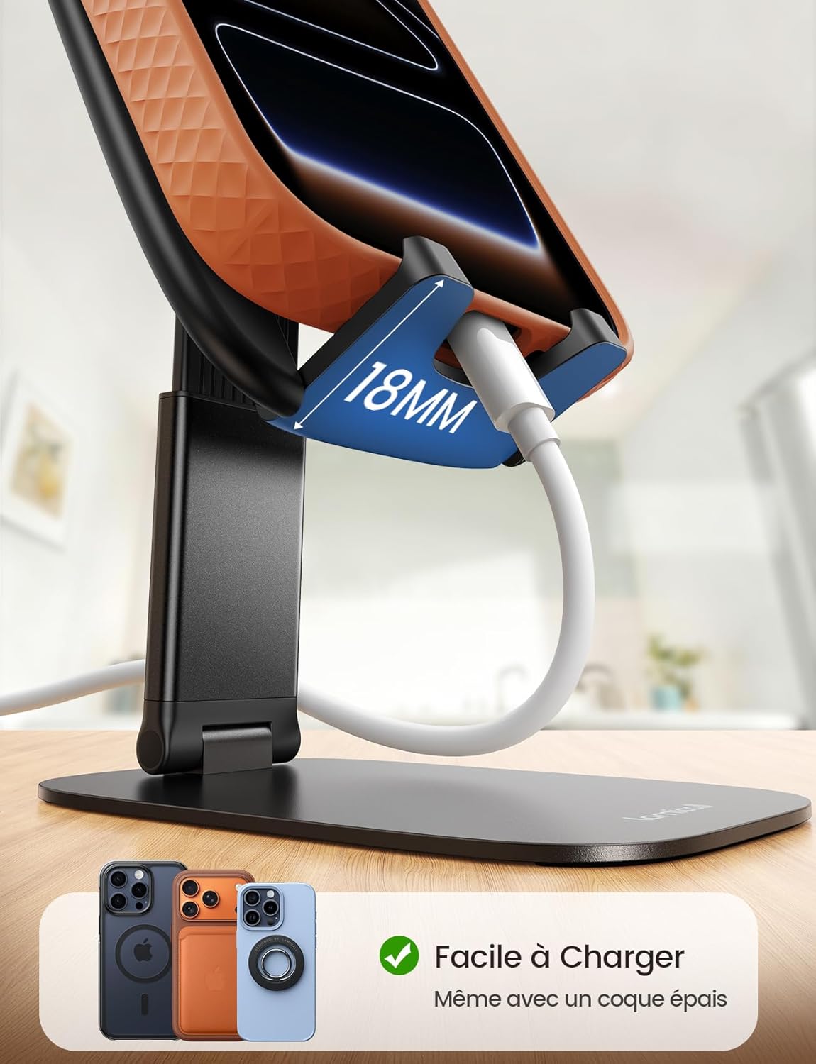 Lamicall - support téléphone pliable - 15mm ultra-fin, hauteur réglable, base métal