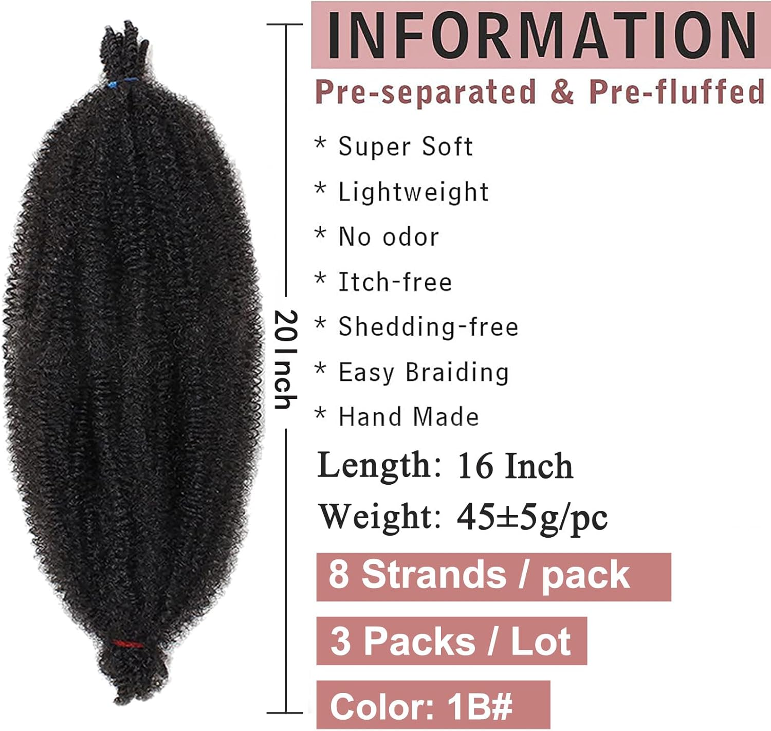 XTREND - extensions cheveux afro torsadés - 50,8 cm - lot de 3 paquets pré-séparés 1B#