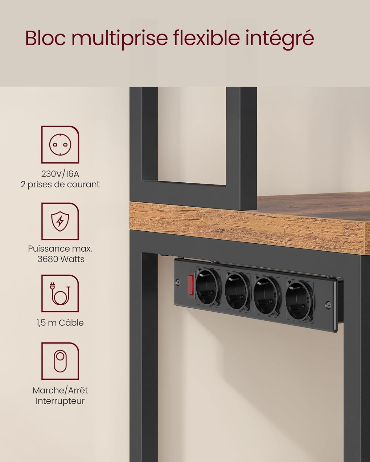 VASAGLE - étagère cuisine série KKS - 40x60x170 cm - avec multiprise, 8 crochets, plan 90 cm, marron/noir KKS058K02