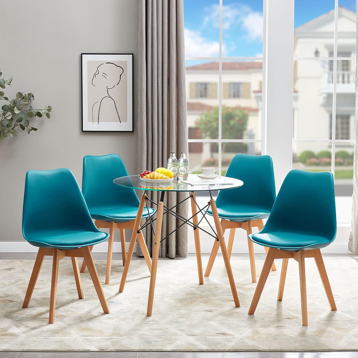 EGGREE - Lot de 8 chaises scandinaves - bois hêtre, rembourrées, turquoise