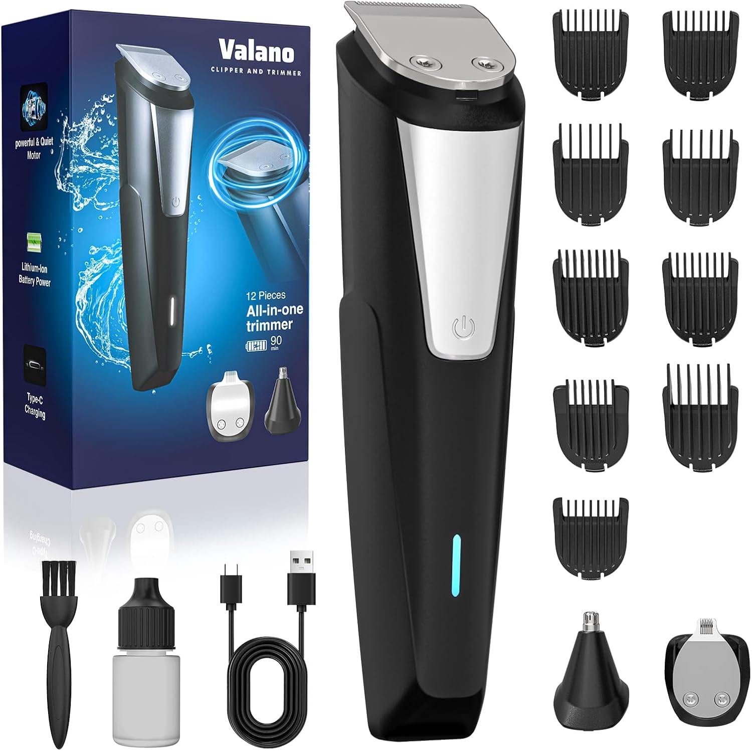 Valano - Tondeuse 3 en 1, 1-16mm, USB, 9 accessoires, barbe et nez