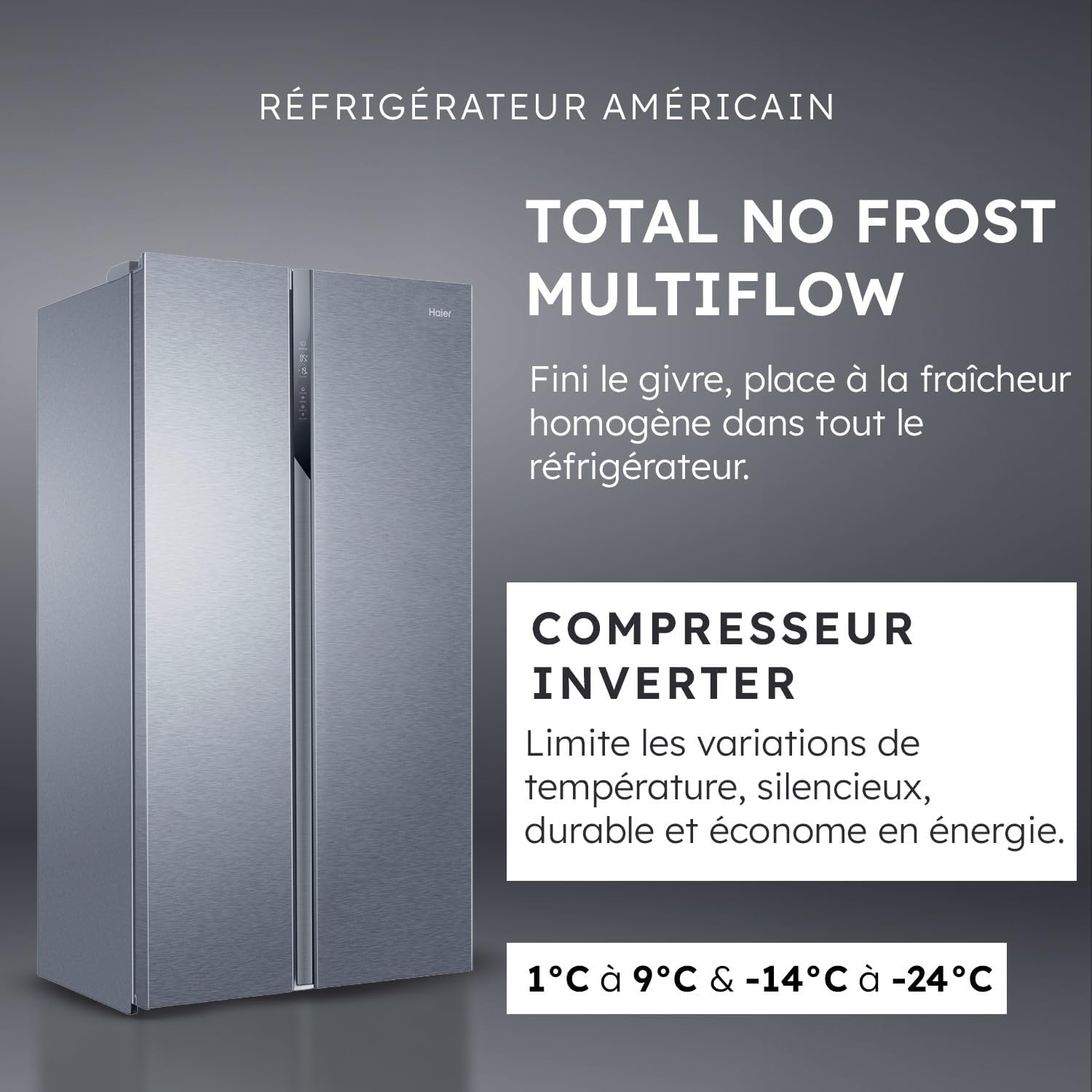 Haier - réfrigérateur américain série HSR - 337+191L inox, Total No Frost, 177,5x90,8x64,7cm - HSR3918ENPG