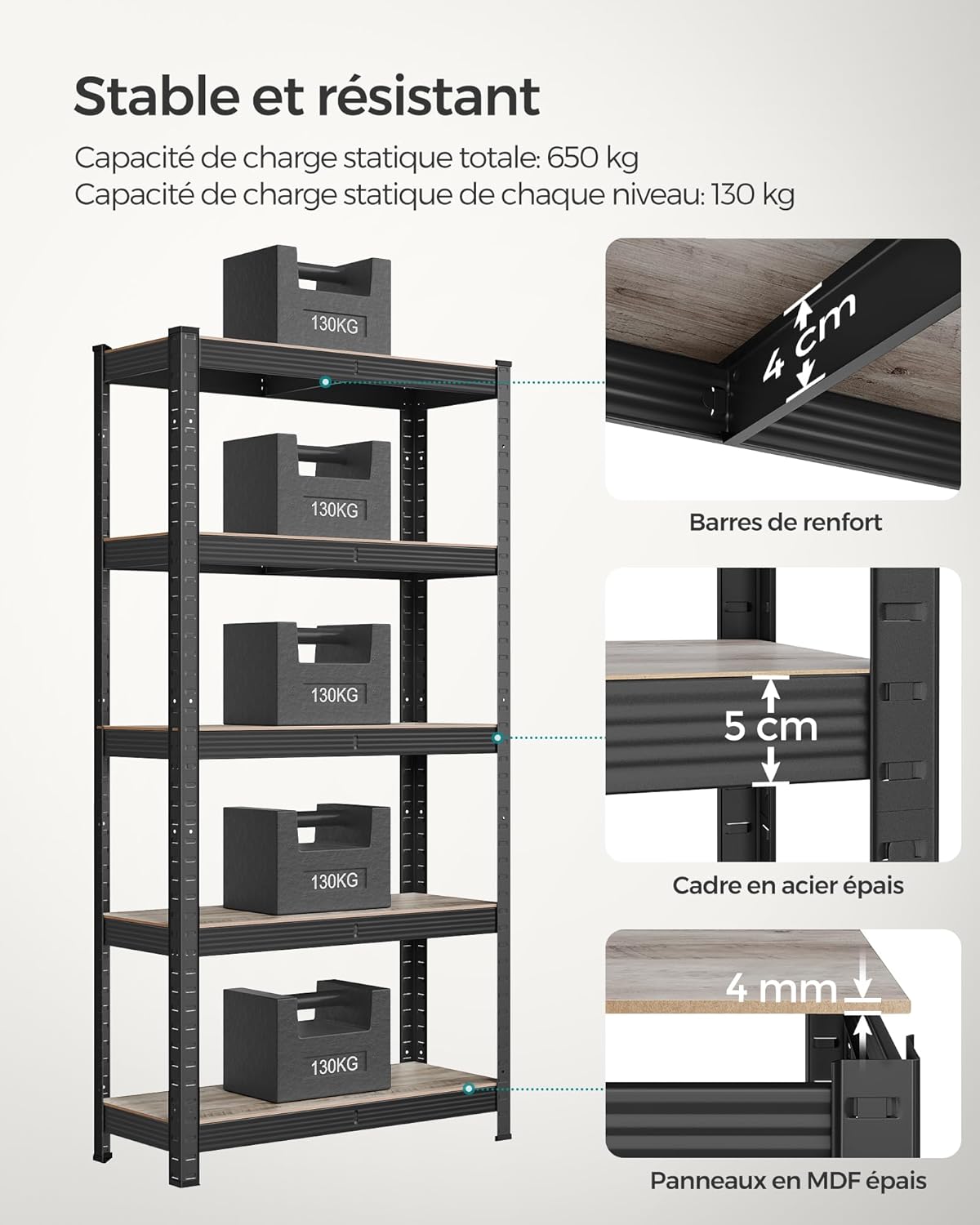 SONGMICS - étagère 5 niveaux 30x75x150cm, charge 650kg, planches réglables, style industriel, GLR030B12