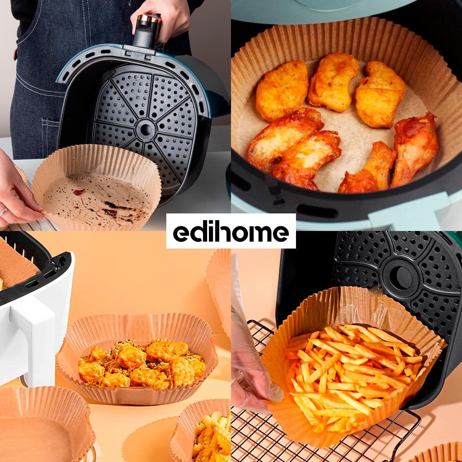edihome - Papier cuisson air fryer - 20-24 cm - 100 unités, jetable, sans BPA