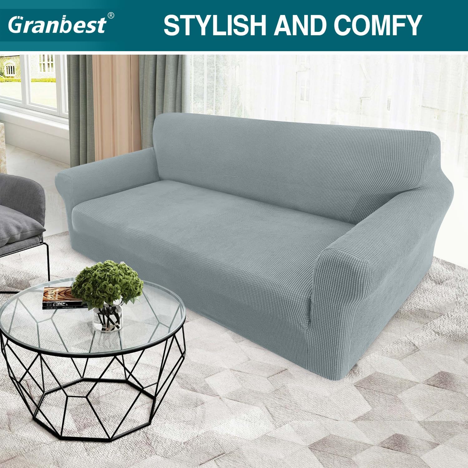 Housse de canapé - jacquard extensible 3 places - gris - protection animaux