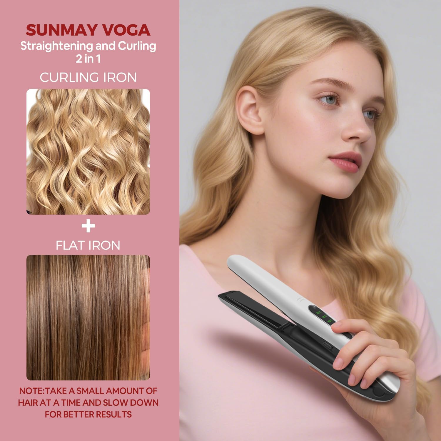 SUNMAY - Voga - mini taille - lisseur boucleur titane, sans fil, 3 T°, USB, 5000mAh