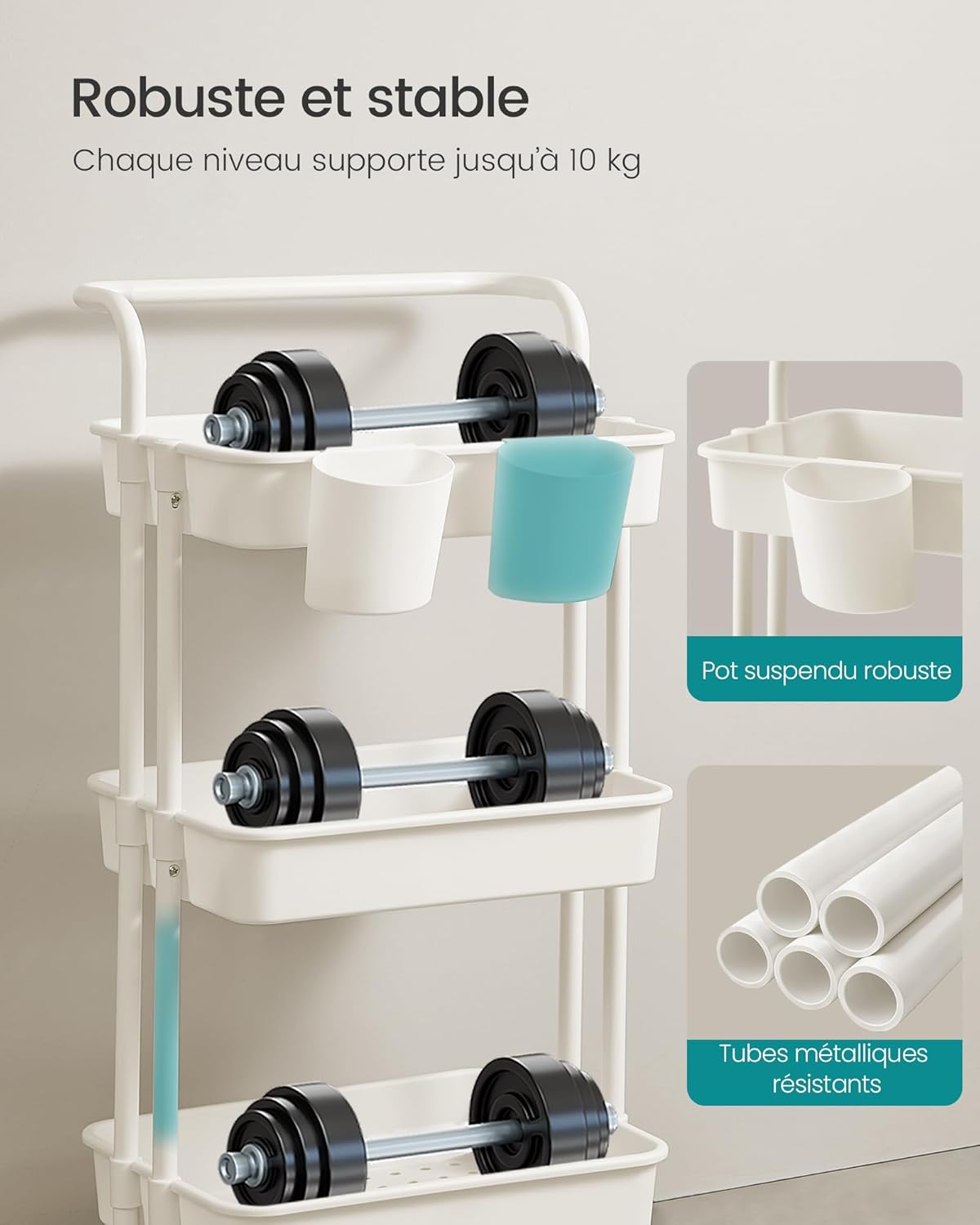SONGMICS - chariot de rangement 3 niveaux, roulettes, freins, poignée, 2 pots, plastique, blanc - BSC067W01