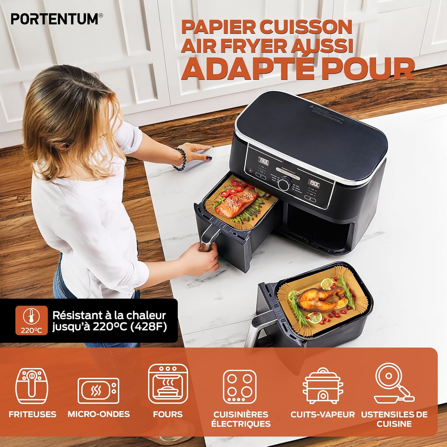 PORTENTUM - papier cuisson friteuse double - 22x14cm - 100 pièces, sans BPA, rectangulaire, compatible Ninja Foodi Dual 