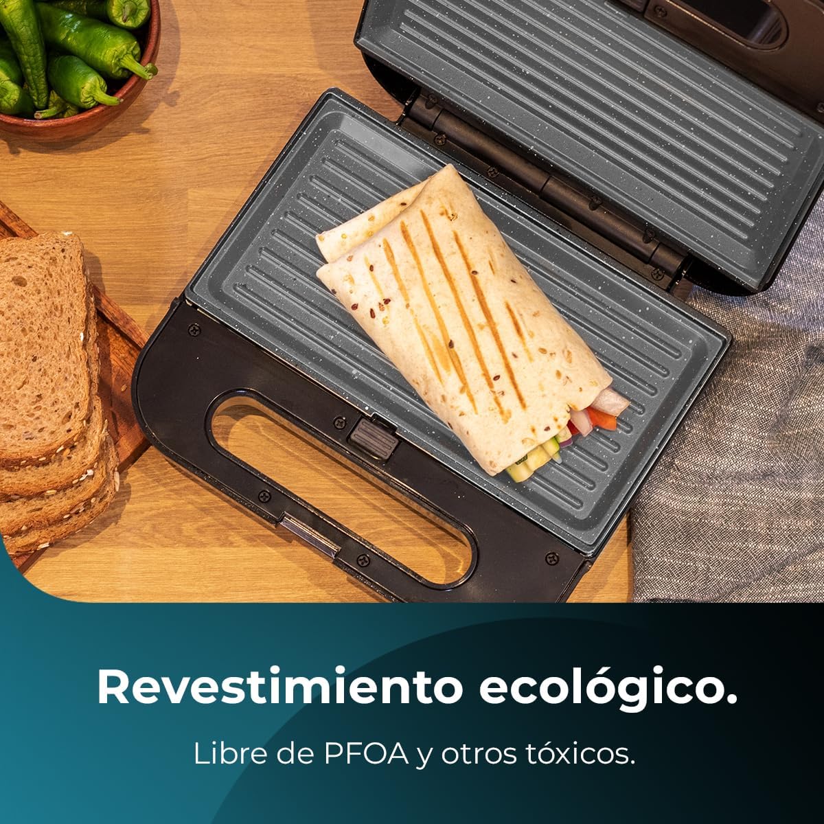 Cecotec - Rock'nToast Grill+ - 800W, revêtement pierre, inox, sans PFOA