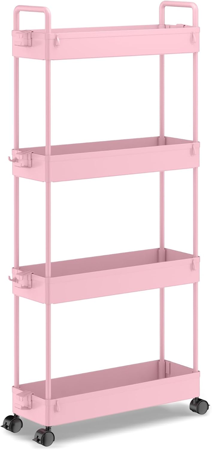 SOLEJAZZ - chariot de rangement 4 niveaux, roulettes, étroit, rose